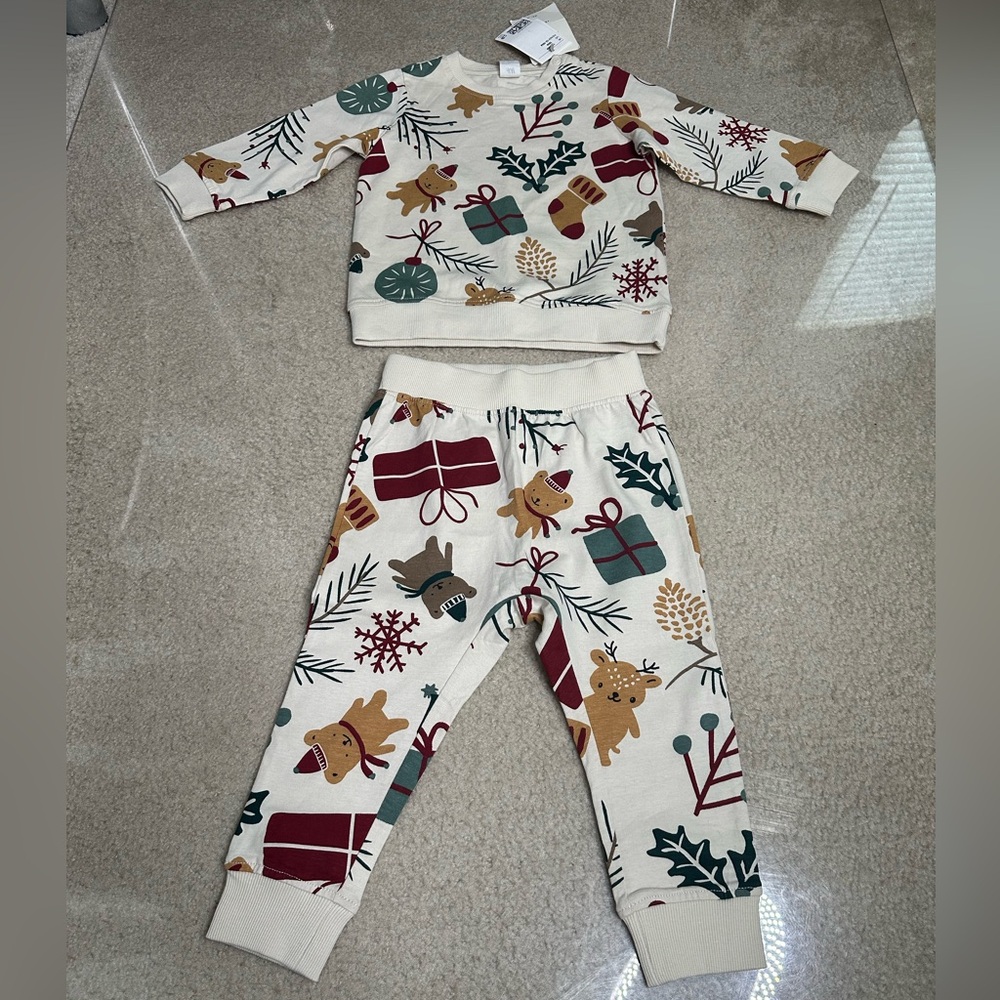 H&M FESTIVE PRINT 2 PIECE UNISEX INFANT JOGGER SET 12-18 MOS NWT